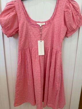 LoveShackFancy Pink Swiss Dot Puff Sleeve Mini Dress